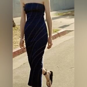 ZARA TOPSTITCHED Denim Midi Dress Dark Blue Sz XL Nwt